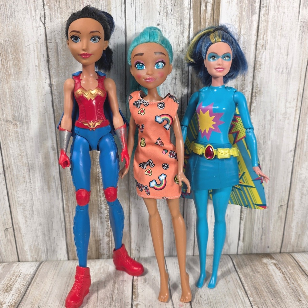 Mattel DC Super Hero Girls Wonder Woman Starfire & Barbie Teal Hair Doll Lot 3pc
